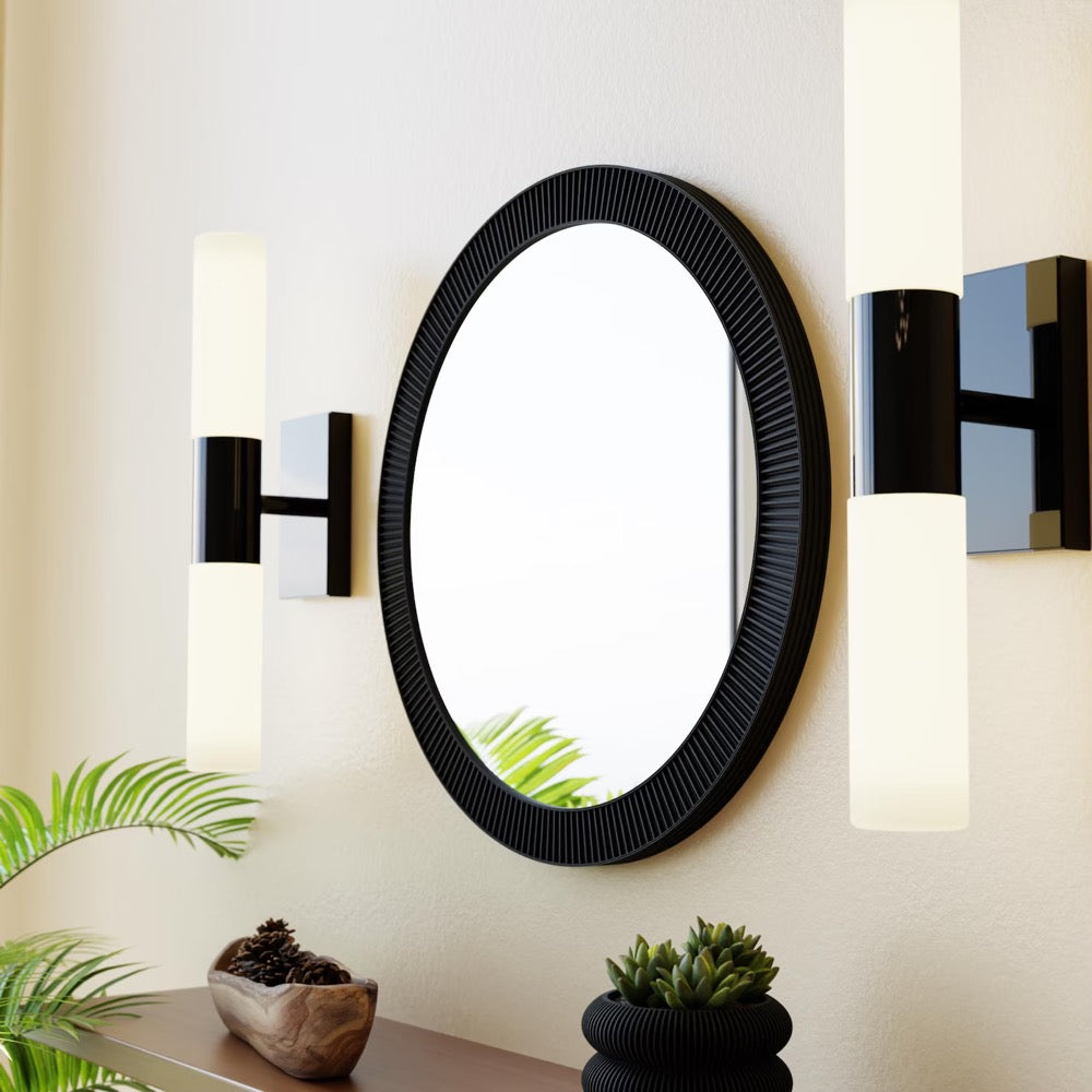 Round Wall Glass Mirror "SUN" - Modern Minimalist Decor, Handmade Gift Wood Fiber Framed Design, For Entryways, Living Room