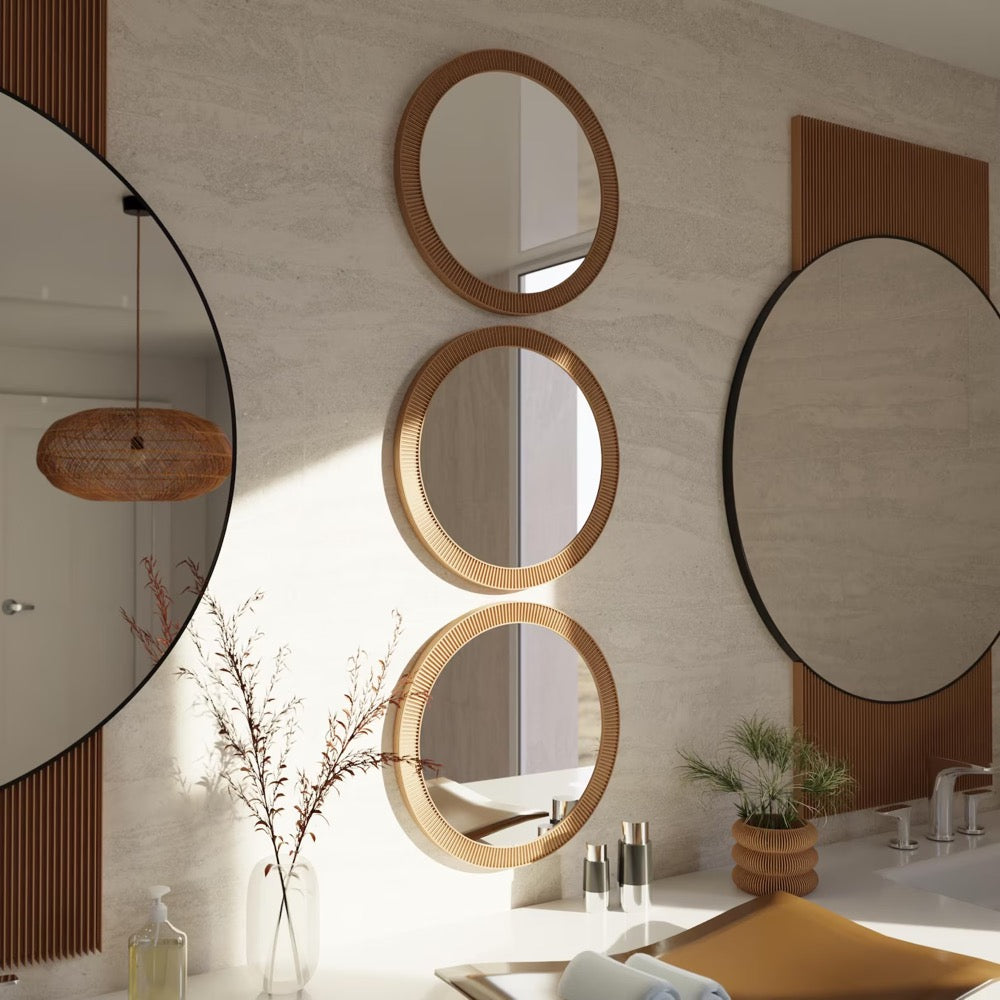 Round Wall Glass Mirror "SUN" - Modern Minimalist Decor, Handmade Gift Wood Fiber Framed Design, For Entryways, Living Room