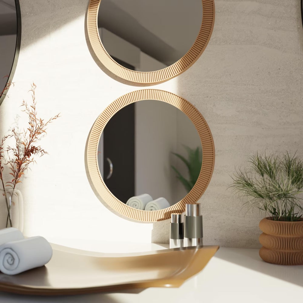 Round Wall Glass Mirror "SUN" - Modern Minimalist Decor, Handmade Gift Wood Fiber Framed Design, For Entryways, Living Room