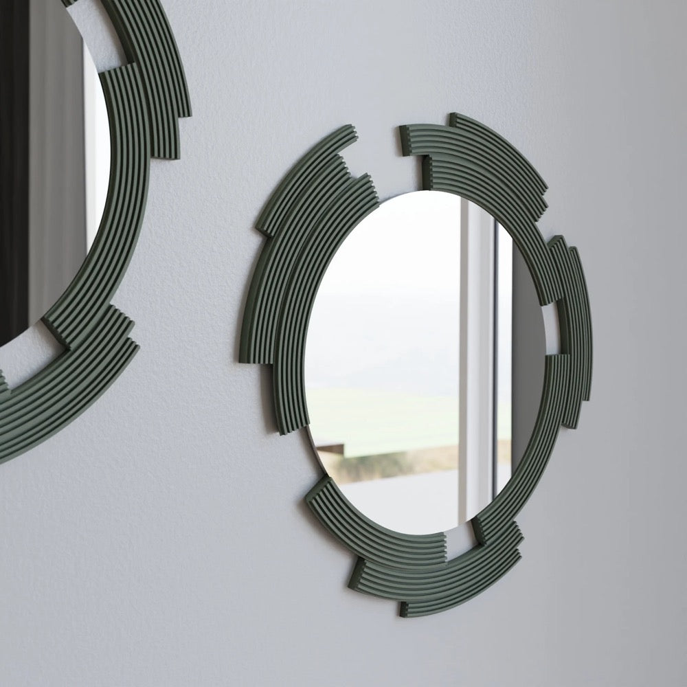 Round Wall Glass Mirror "SCULPTED" - Modern Minimalist Decor, Handmade Gift Wood Fiber Framed Design, For Entryways, Living Room