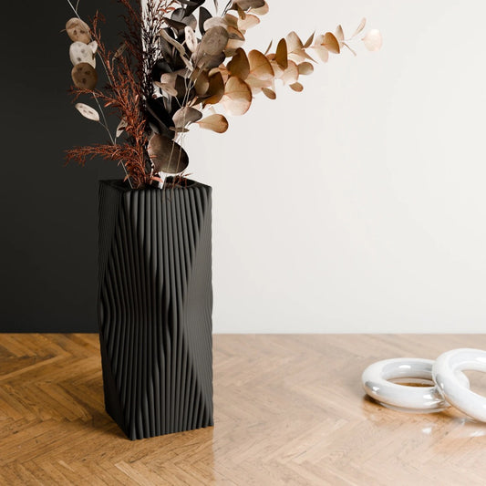 Matte Black Vase "TIDE" Modern & Minimalist 3D Printed Vase for Fresh or Dried Flowers and Decor Gift for Home Plant Lover 10 Inch Vase