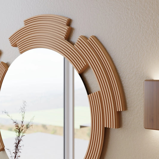 Round Wall Glass Mirror "SCULPTED" - Modern Minimalist Decor, Handmade Gift Wood Fiber Framed Design, For Entryways, Living Room