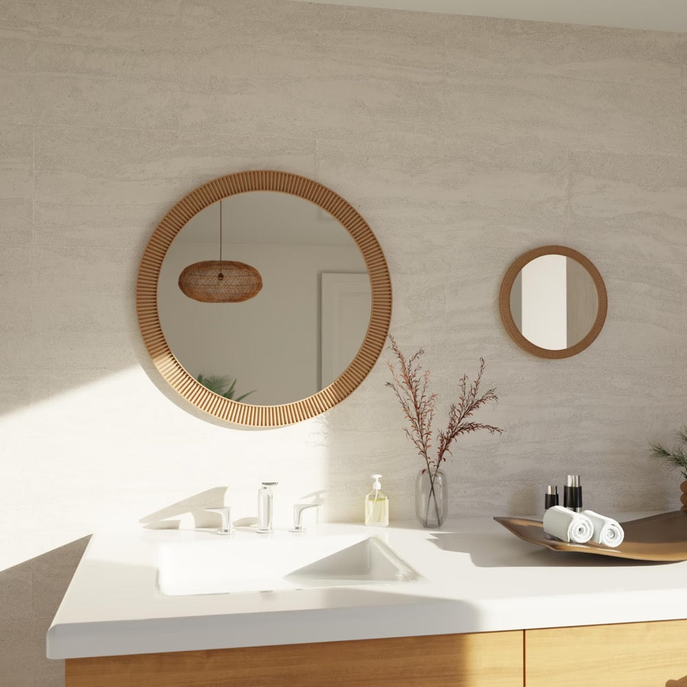 Round Wall Glass Mirror "SUN" - Modern Minimalist Decor, Handmade Gift Wood Fiber Framed Design, For Entryways, Living Room