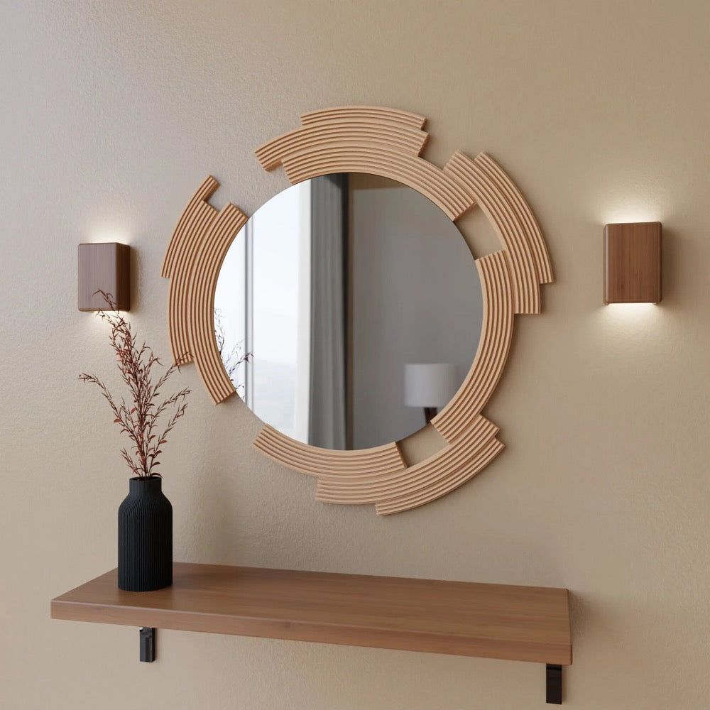 Round Wall Glass Mirror "SCULPTED" - Modern Minimalist Decor, Handmade Gift Wood Fiber Framed Design, For Entryways, Living Room