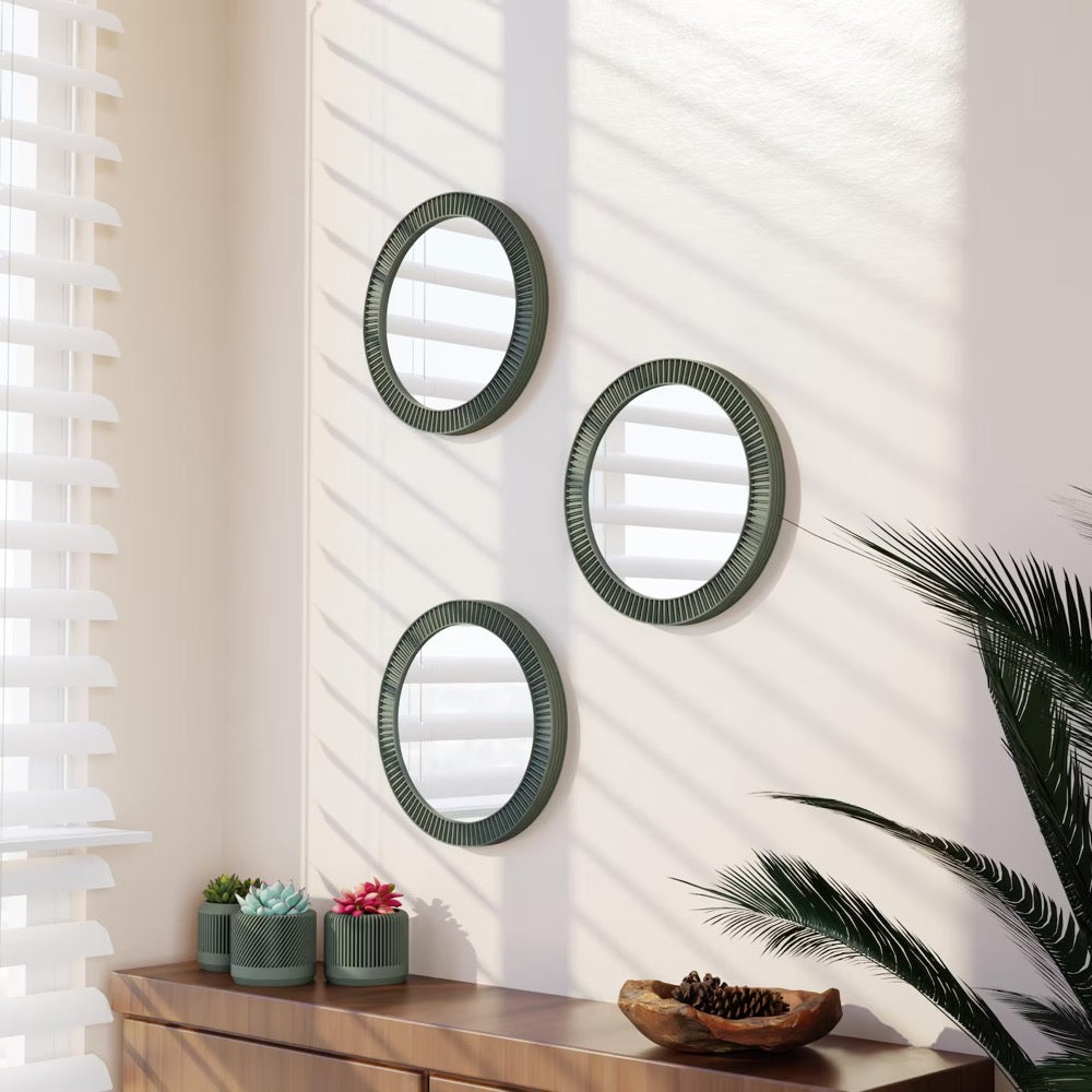 Round Wall Glass Mirror "SUN" - Modern Minimalist Decor, Handmade Gift Wood Fiber Framed Design, For Entryways, Living Room