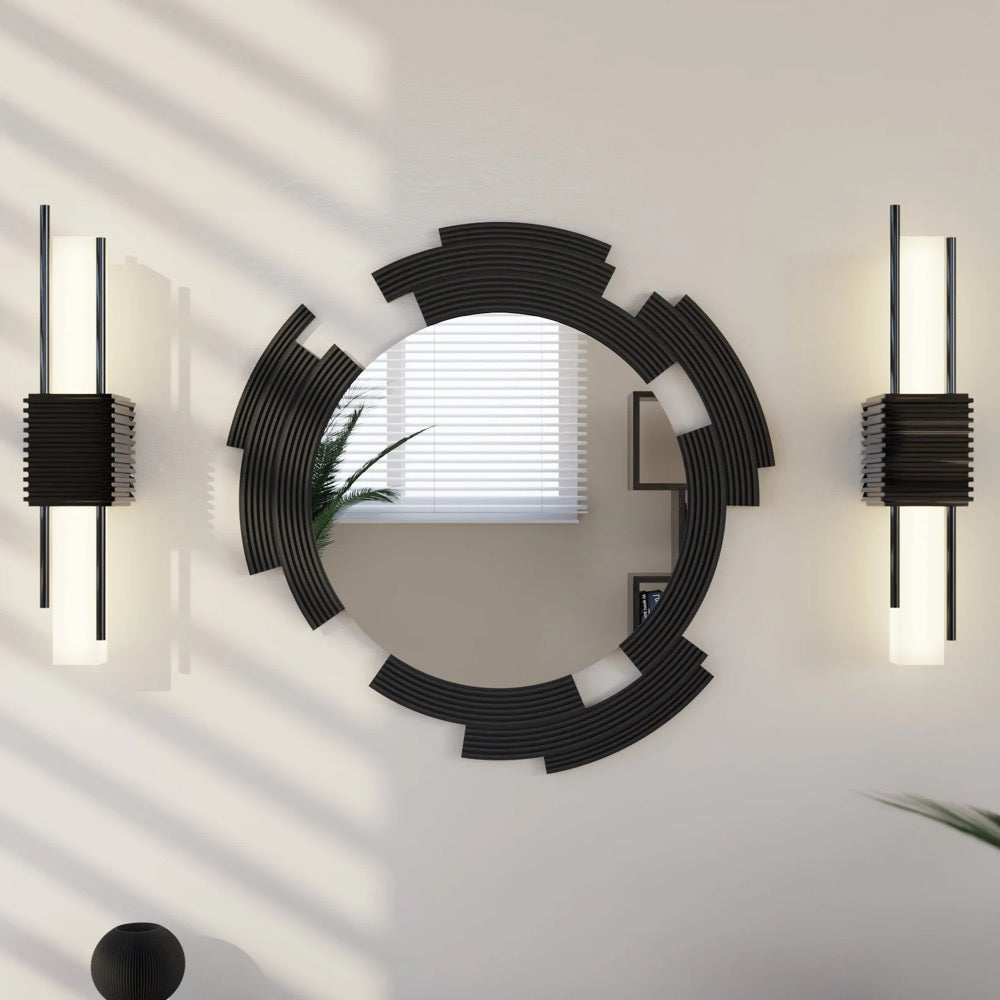 Round Wall Glass Mirror "SCULPTED" - Modern Minimalist Decor, Handmade Gift Wood Fiber Framed Design, For Entryways, Living Room