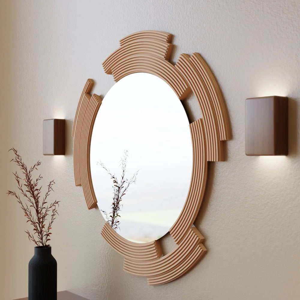 Round Wall Glass Mirror "SCULPTED" - Modern Minimalist Decor, Handmade Gift Wood Fiber Framed Design, For Entryways, Living Room