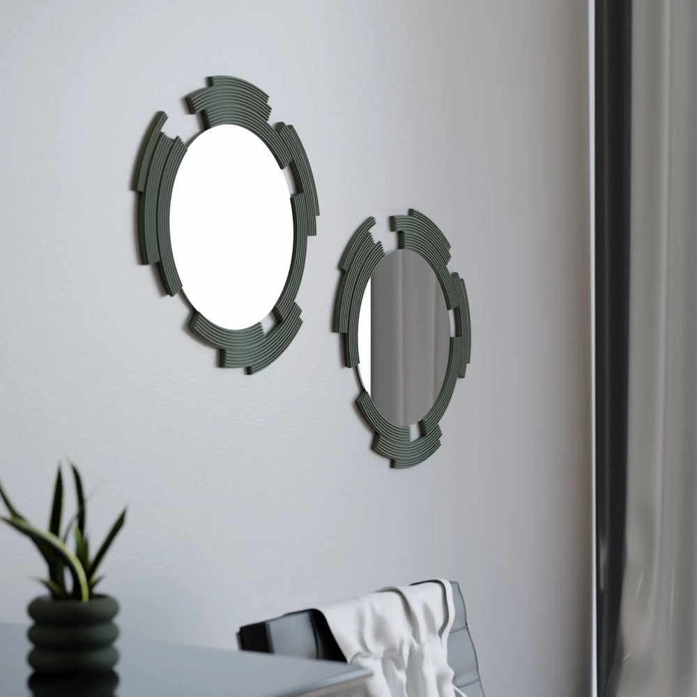 Round Wall Glass Mirror "SCULPTED" - Modern Minimalist Decor, Handmade Gift Wood Fiber Framed Design, For Entryways, Living Room